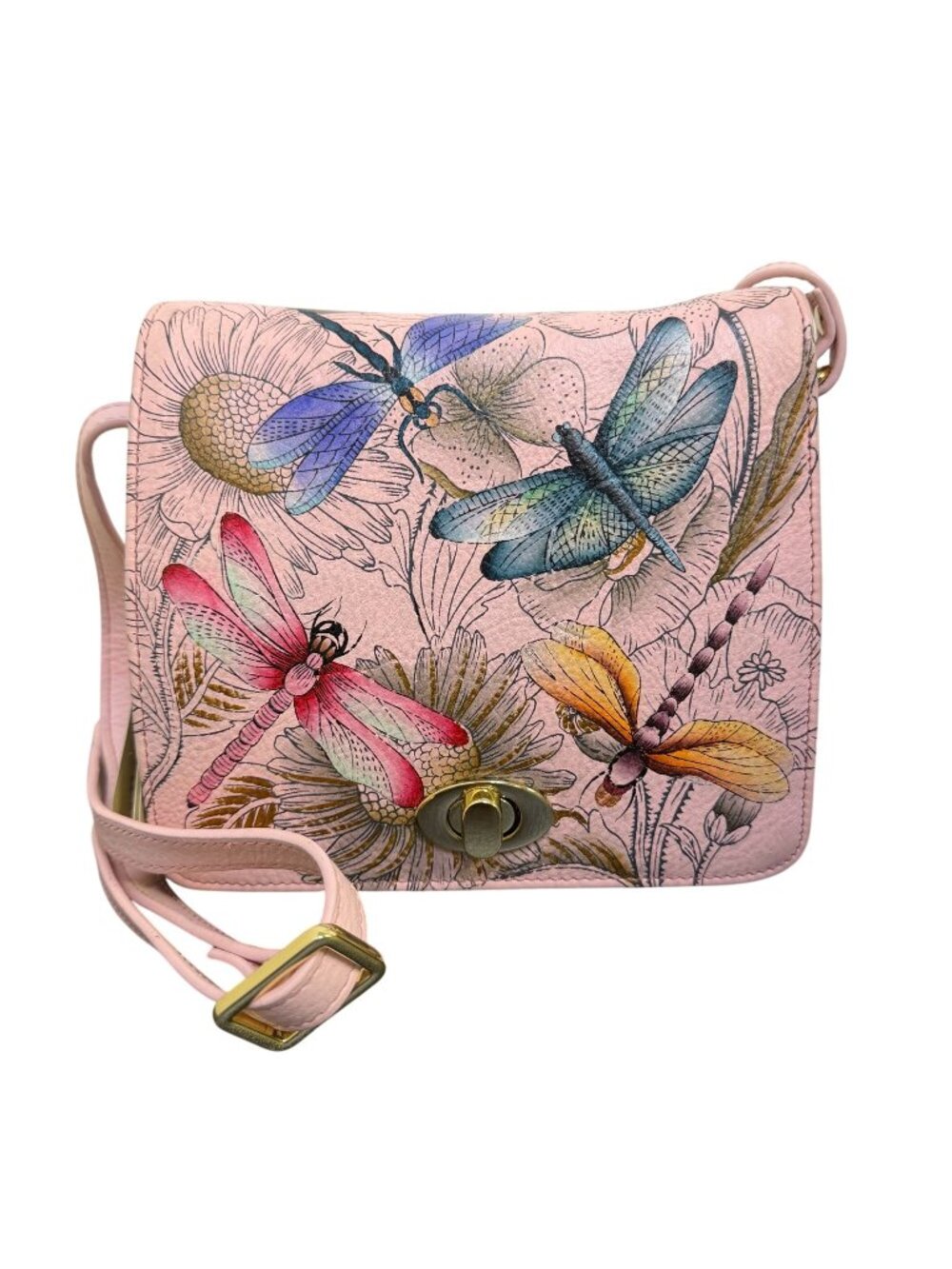 NWT Anuschka Pink Leather Crossbody Bag With Floral Dragonfly Design